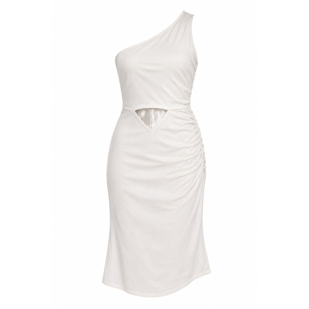 Women's White One Shoulder Ruched Midi Dress Cutout Cocktail Wedding Guest